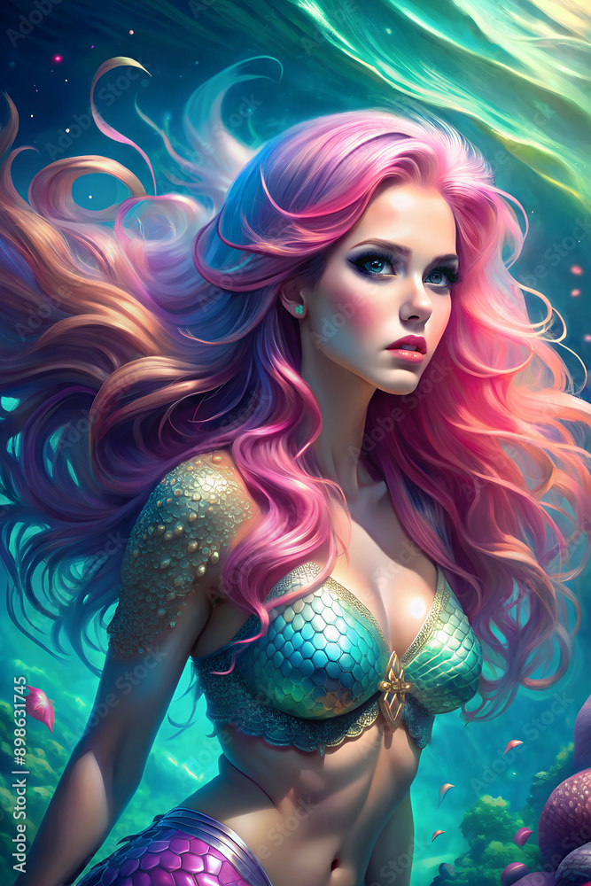 Beautiful mermaid, naiad with long pink hair underwater in the ocean Beautiful mermaid, naiad with long pink hair underwater in the ocean
