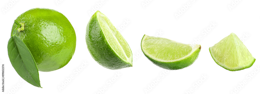 Fresh lime isolated on white, collage. Whole, half and slices Fresh lime isolated on white, collage. Whole, half and slices