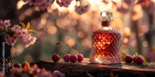 close up Cherry brandy in luxury glass bottle with glass and cherry, outdoor with cherry flower blossom photo