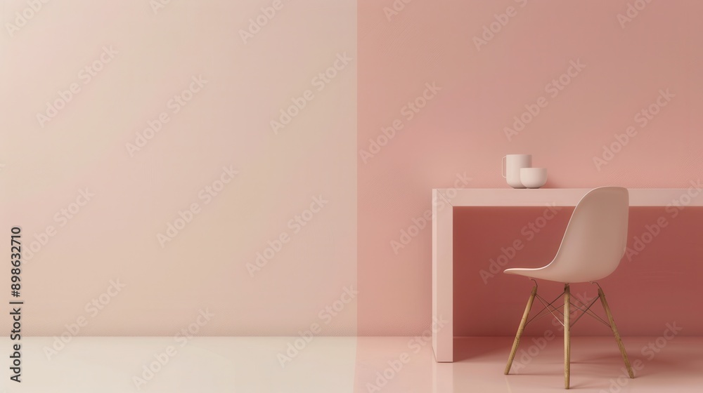 A white chair sits in front of a desk against a pink wall. Generative AI