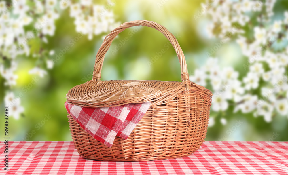 Wicker picnic basket with red checkered napkin on table in nature, banner design Wicker picnic basket with red checkered napkin on table in nature, banner design