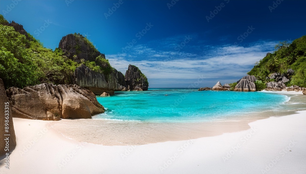 Fototapeta premium Una playa tropical con arena blanca y aguas turquesas, rodeada de formaciones rocosas