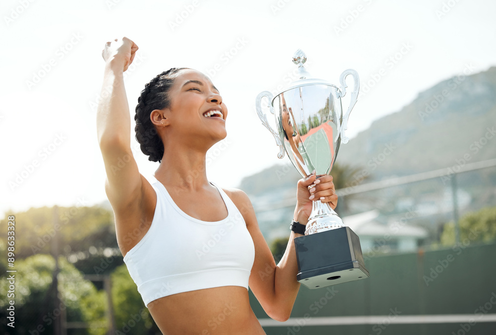 Happy, woman and celebration with trophy for tennis, achievement and tournament win with excitement. Girl, prize and silver reward for athletic success or victory, competition champion and proud. Happy, woman and celebration with trophy for tennis, achievement and tournament win with excitement. Girl, prize and silver reward for athletic success or victory, competition champion and proud.