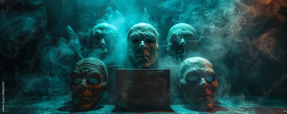 Mysterious display of theatrical masks in a smoky and eerie environment Mysterious display of theatrical masks in a smoky and eerie environment
