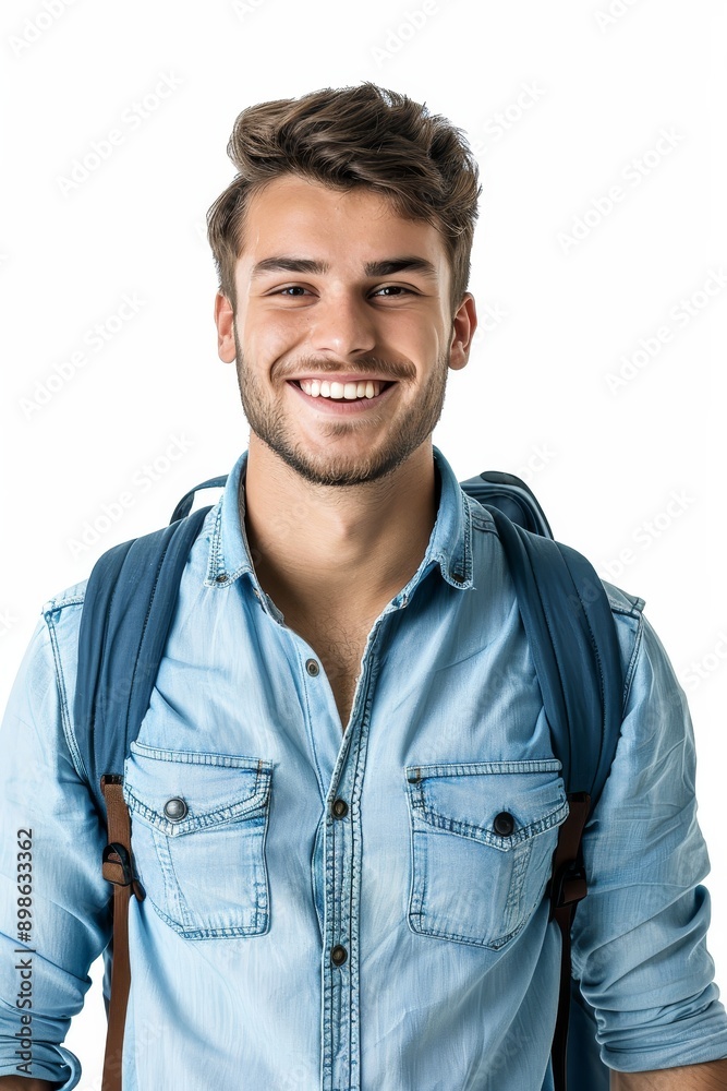 Portrait of a cheerful student in a blue shirt with a backpack, white background Portrait of a cheerful student in a blue shirt with a backpack, white background