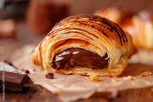Flaky chocolate croissant with a rich filling on parchment paper photo