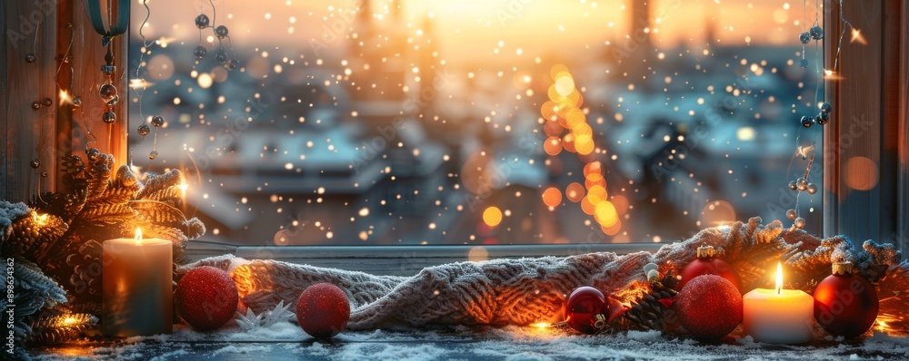 Cozy Christmas window scene with candles, ornaments, and snowfall creating a festive holiday atmosphere