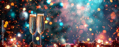 Festive holiday celebration with champagne glasses and bokeh lights