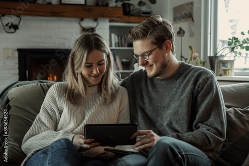 Smiling young couple using digital tablet while sitting on sofa at home