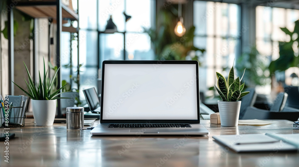 Close-up view of comfortable workplace with open blank screen laptop computer and office supplies. Close-up view of comfortable workplace with open blank screen laptop computer and office supplies.