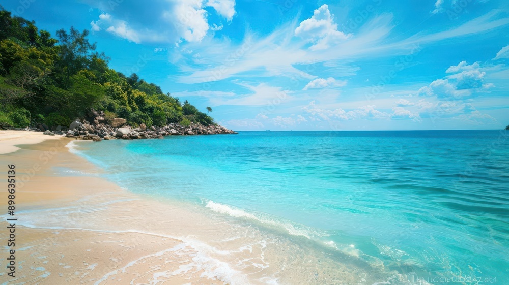 Naklejka premium A serene photo of a beach with clear blue water