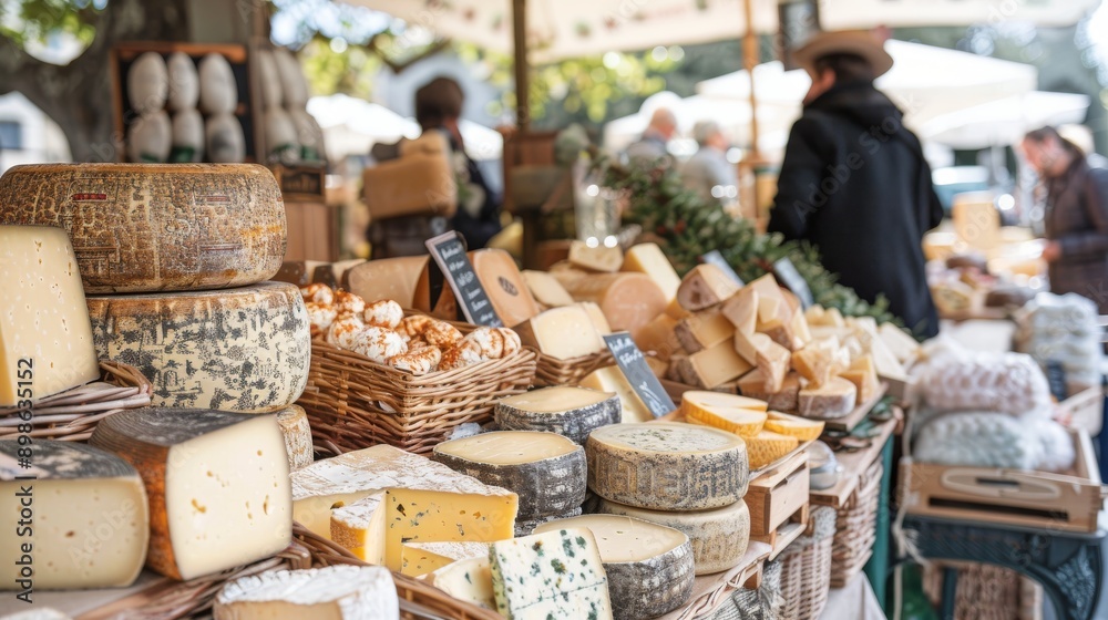 Cheese stall at bustling farmers market with a variety of artisanal cheeses on display Cheese stall at bustling farmers market with a variety of artisanal cheeses on display