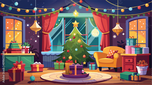 Stylishly decorated Christmas tree with fireplace interiors with a Christmas tree, lights and gifts under the tree. Generative AI