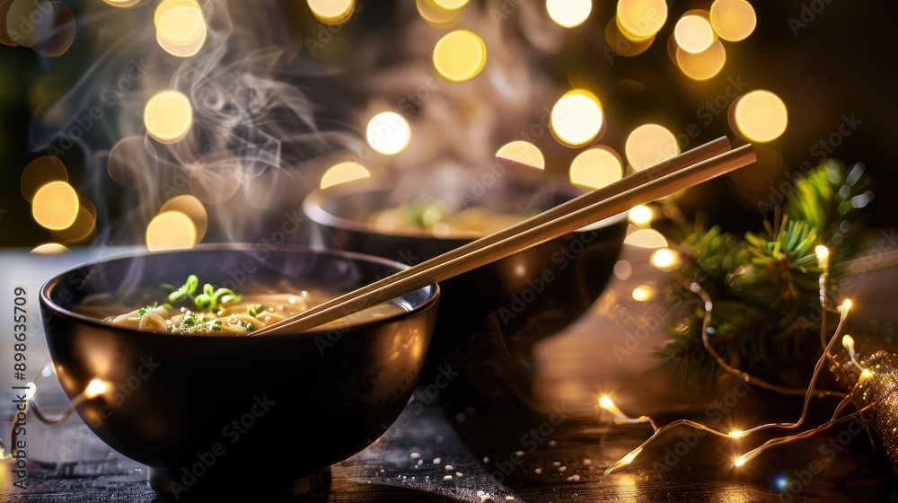 A steaming bowl of noodles with greens, illuminated by warm bokeh lights, perfect for cozy dining or food photography. A steaming bowl of noodles with greens, illuminated by warm bokeh lights, perfect for cozy dining or food photography.