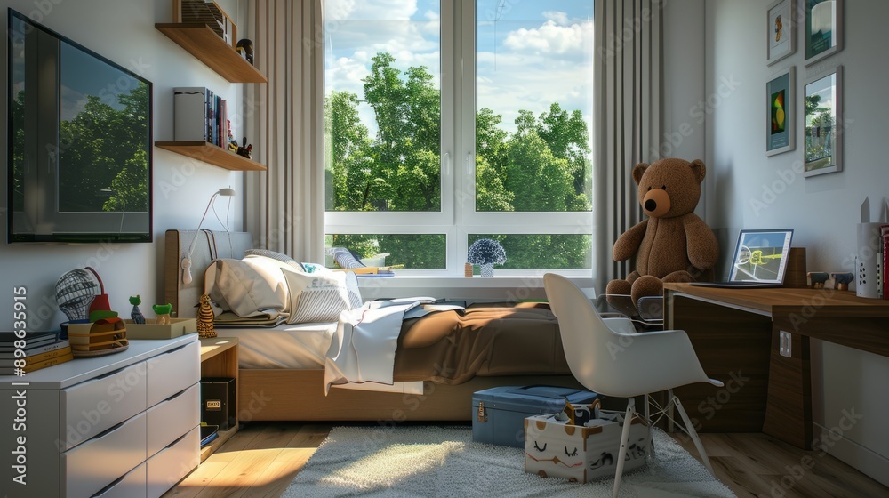 Fototapeta premium Boy's room, white, brown, Queen bed, desk, flat orientation,hardcover, bear in front of window