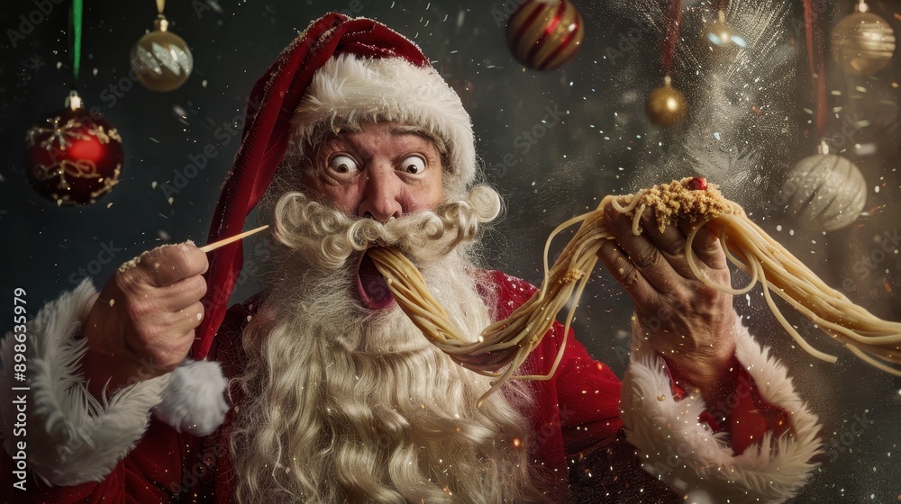 A whimsical Santa Claus enjoying spaghetti in a festive setting with Christmas ornaments and snowflakes. A whimsical Santa Claus enjoying spaghetti in a festive setting with Christmas ornaments and snowflakes.