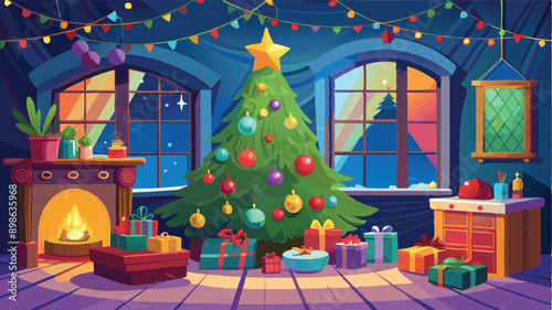 Stylishly decorated Christmas tree with fireplace interiors with a Christmas tree, lights and gifts under the tree. Generative AI