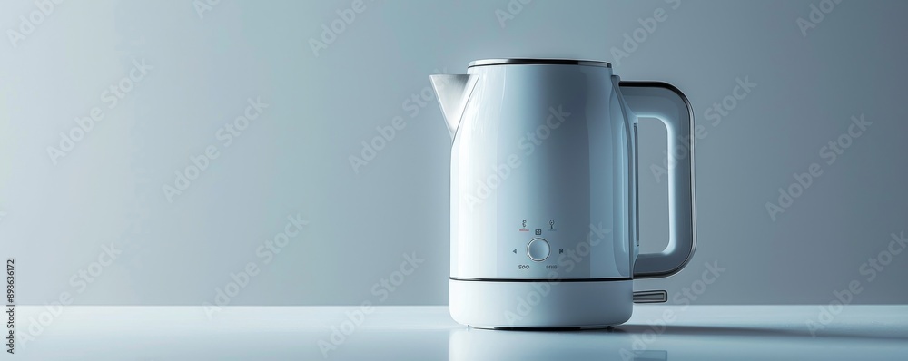 Modern electric kettle with steam on a minimalist wooden surface in a sleek kitchen design