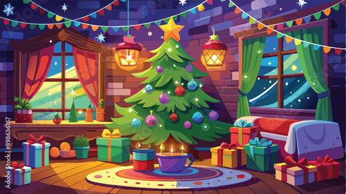 Stylishly decorated Christmas tree with fireplace interiors with a Christmas tree, lights and gifts under the tree. Generative AI