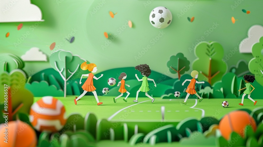 Fototapeta premium A field day with students participating in outdoor games and paper cut sports equipment on a bright green background a moment of physical activity