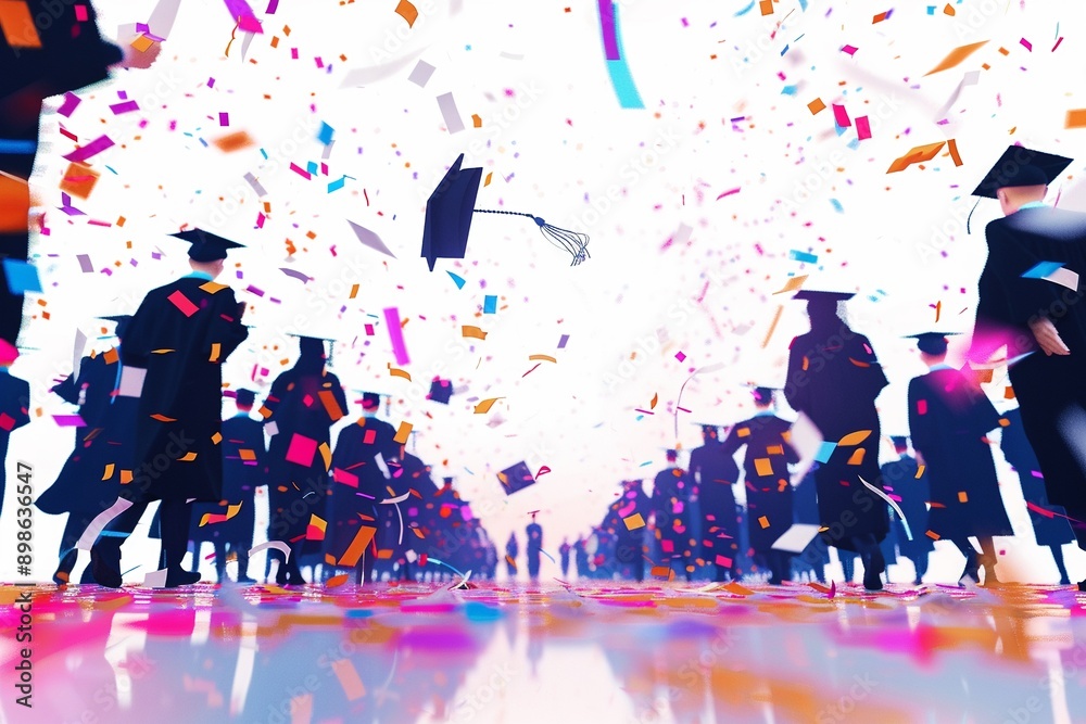 A graduation ceremony with students in caps and gowns and 3D models of ...
