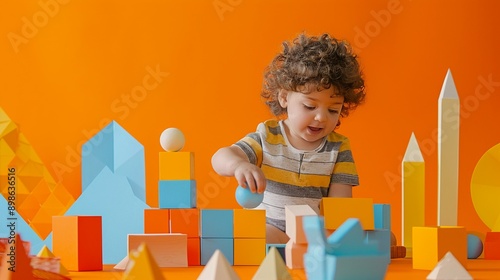 A child playing with building blocks and paper cut shapes on a vibrant orange background an early learning activity