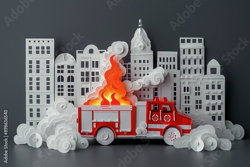 A fire truck racing to a paper cut burning building with flames and smoke on a dark gray background a scene of emergency response