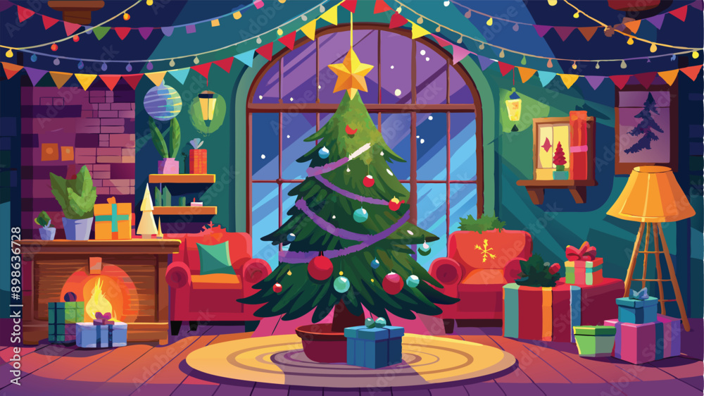 custom made wallpaper toronto digitalStylishly decorated Christmas tree with fireplace interiors with a Christmas tree, lights and gifts under the tree. Generative AI