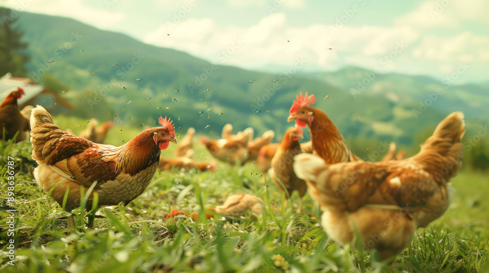 Fototapeta premium hens and rooster feeding seeds