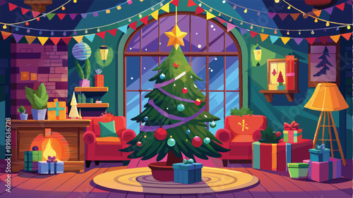 Stylishly decorated Christmas tree with fireplace interiors with a Christmas tree, lights and gifts under the tree. Generative AI