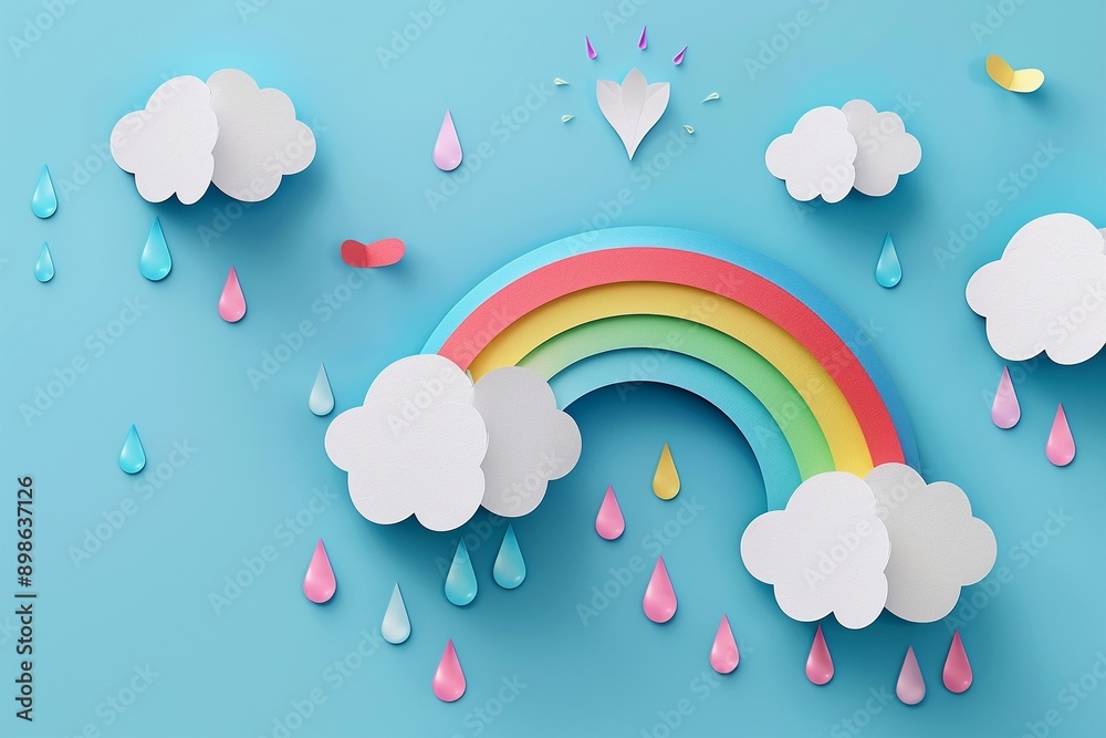 A paper cut rainbow with clouds and raindrops on a vibrant blue background symbolizing hope and natural beauty after rain A paper cut rainbow with clouds and raindrops on a vibrant blue background symbolizing hope and natural beauty after rain