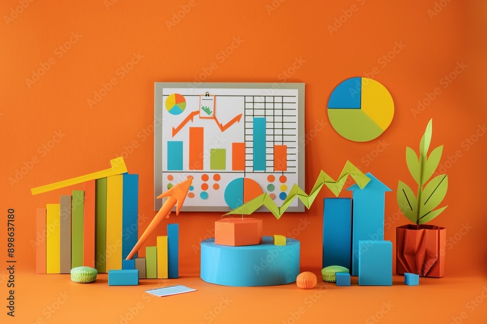 A student giving a presentation with paper cut charts and pointers on a bright orange background a moment of public speaking A student giving a presentation with paper cut charts and pointers on a bright orange background a moment of public speaking