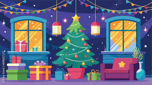 Stylishly decorated Christmas tree with fireplace interiors with a Christmas tree, lights and gifts under the tree. Generative AI