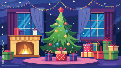 Stylishly decorated Christmas tree with fireplace interiors with a Christmas tree, lights and gifts under the tree. Generative AI