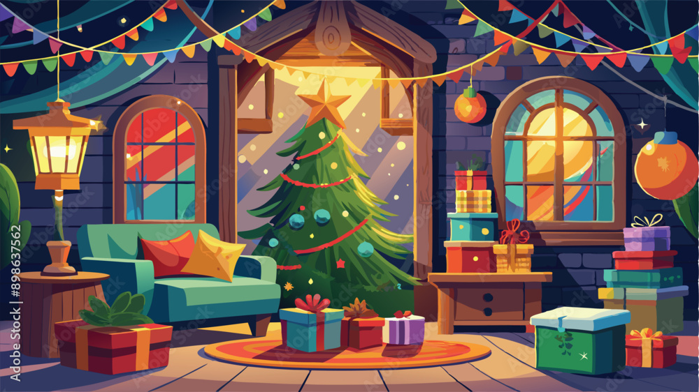 Fototapeta premium Stylishly decorated Christmas tree with fireplace interiors with a Christmas tree, lights and gifts under the tree. Generative AI
