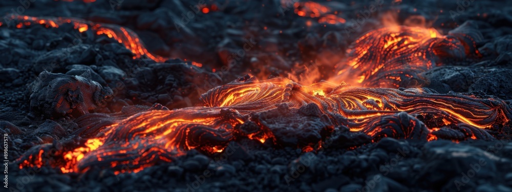 Close-up of bright, molten lava streaming through dark, rugged rocks in a volcanic setting.