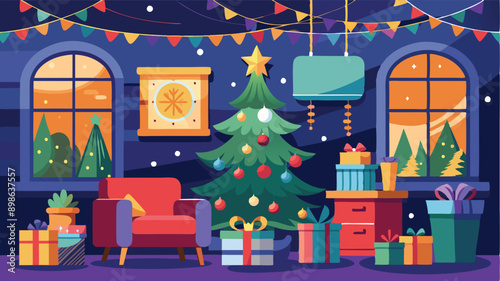 Stylishly decorated Christmas tree with fireplace interiors with a Christmas tree, lights and gifts under the tree. Generative AI