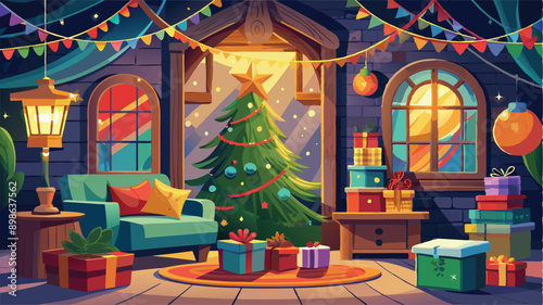 Stylishly decorated Christmas tree with fireplace interiors with a Christmas tree, lights and gifts under the tree. Generative AI