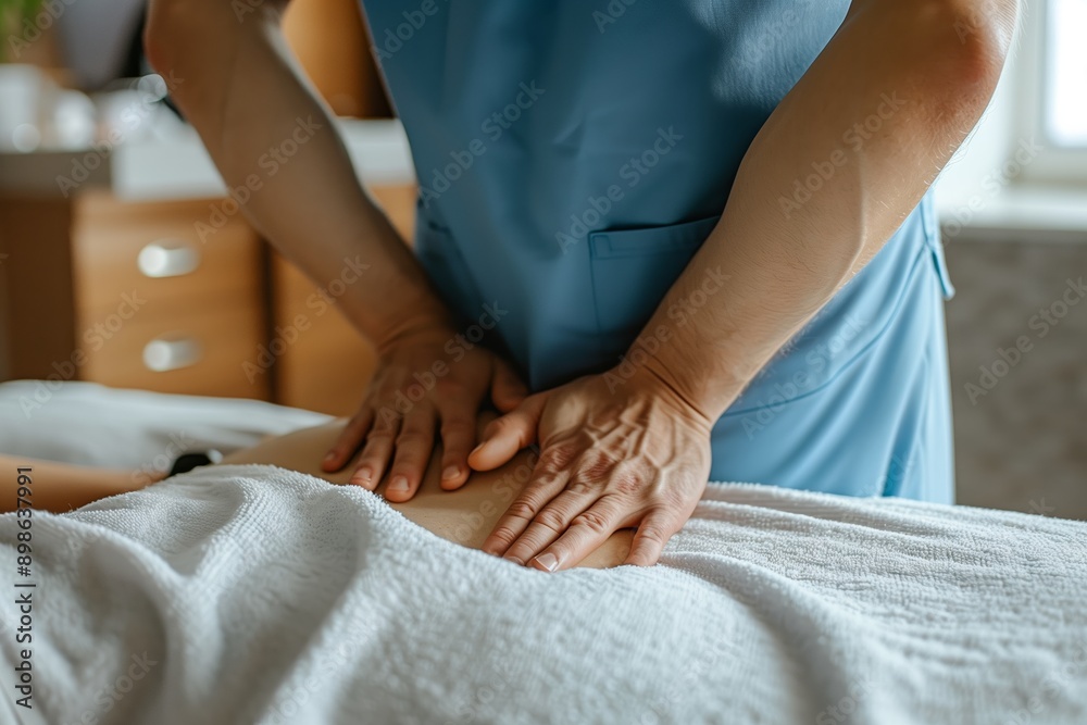 Close-up image of a massage therapist performing a back massage on a client. Close-up image of a massage therapist performing a back massage on a client.