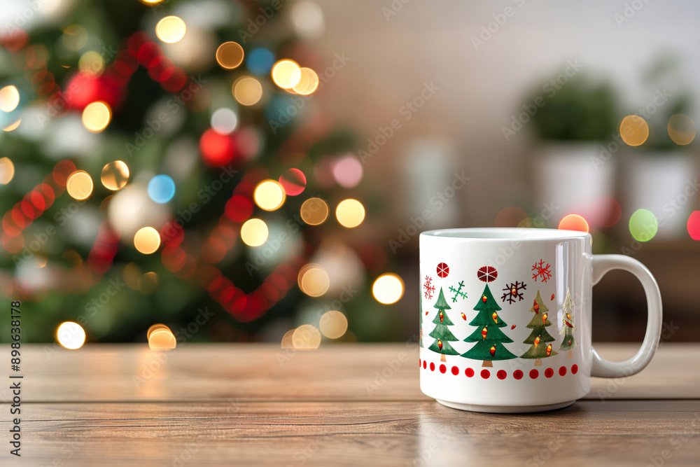 A Christmas-themed mug mockup placed on a wooden table with a blurred festive background, showcasing holiday cheer and cozy vibes. A Christmas-themed mug mockup placed on a wooden table with a blurred festive background, showcasing holiday cheer and cozy vibes.