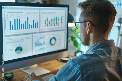 Digital Marketing: SEO specialist meticulously analyzing website traffic data on computer screen. Interpreting complex analytics to optimize online visibility, enhance search rankings,  traffic growth