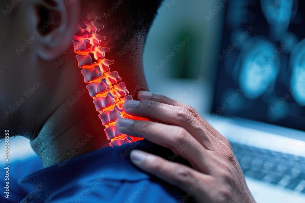 Obraz premium Person experiencing neck pain highlighted by red glowing spine, representing discomfort and health issue.