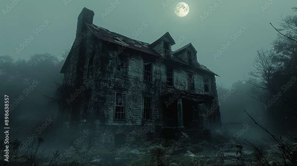 © ProVector - Spooky abandoned house at night with fog surrounding it and a full moon in the background © ProVector - Spooky abandoned house at night with fog surrounding it and a full moon in the background