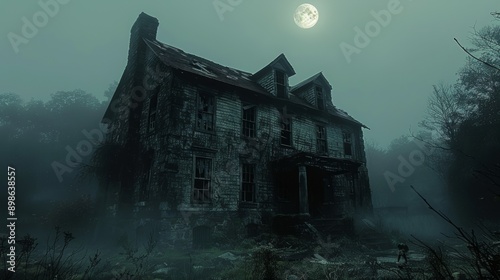 Spooky abandoned house at night with fog surrounding it and a full moon in the background