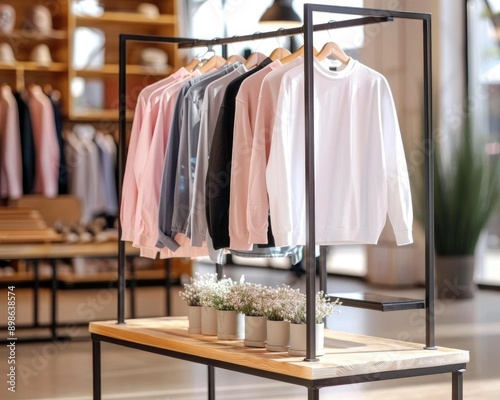 Assortment of sweaters hanging on a clothing rack in a retail store.