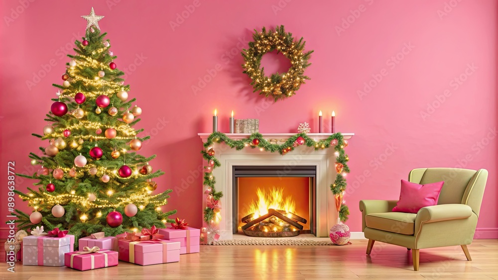 Cozy Christmas living room with Christmas tree and fireplace. Cozy Christmas living room with Christmas tree and fireplace.