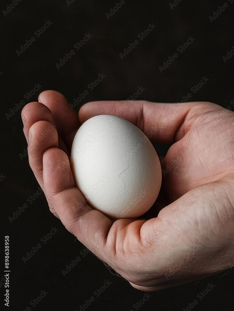Close-up of a hand gently holding a white egg against a dark background, symbolizing care, fragility, and potential. Close-up of a hand gently holding a white egg against a dark background, symbolizing care, fragility, and potential.