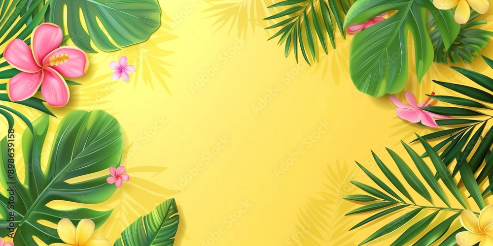 A beautiful tropical-themed digital illustration showing colorful flowers and green leaves arranged around a bright yellow background, capturing the essence of summer. A beautiful tropical-themed digital illustration showing colorful flowers and green leaves arranged around a bright yellow background, capturing the essence of summer.