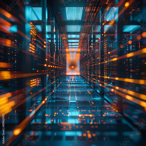 A futuristic depiction of a high-tech server room with glowing orange and blue data streams running along the corridor, symbolizing speed and advanced technology.