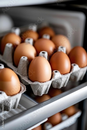 Fresh brown eggs in a carton inside a refrigerator. Perfect for breakfast, cooking, baking, and natural food imagery. photo